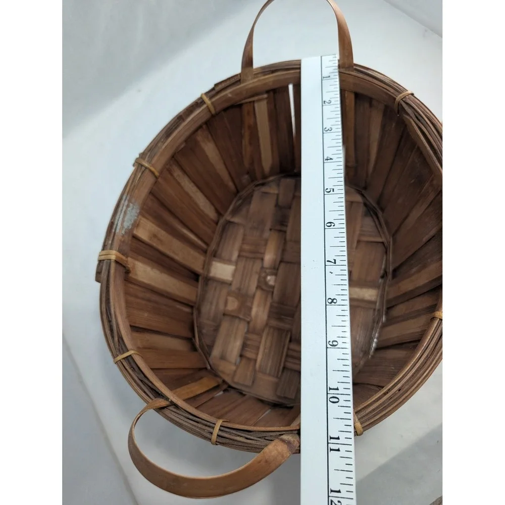 Vintage Woven Bamboo Strawberry Basket Oval Slatted Wood Storage with Handles